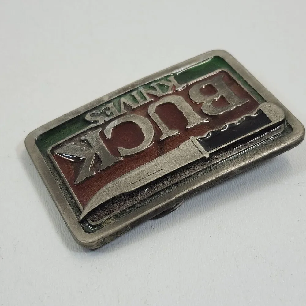 Buck Knives Belt Buckle Fixed Blade Knife Advertising Vintage Enamel Front 2320